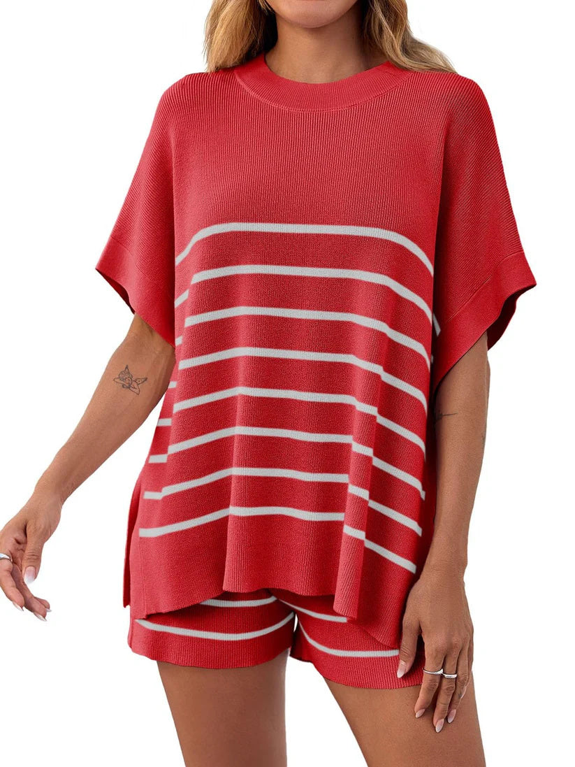 Women's Striped Batwing Short Sleeve Tops High Waisted Shorts Knit Lounge Sets