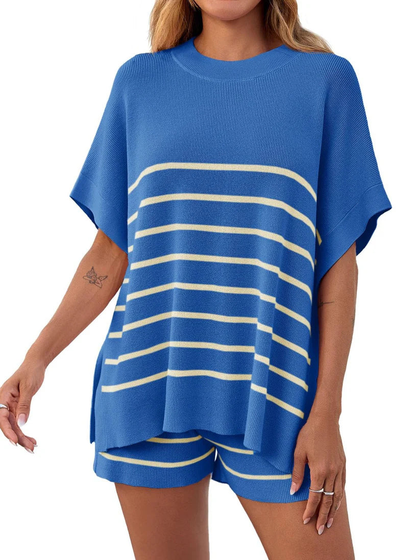 Women's Striped Batwing Short Sleeve Tops High Waisted Shorts Knit Lounge Sets