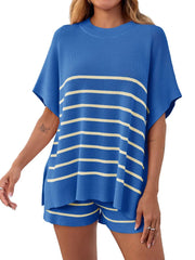 Women's Striped Batwing Short Sleeve Tops High Waisted Shorts Knit Lounge Sets