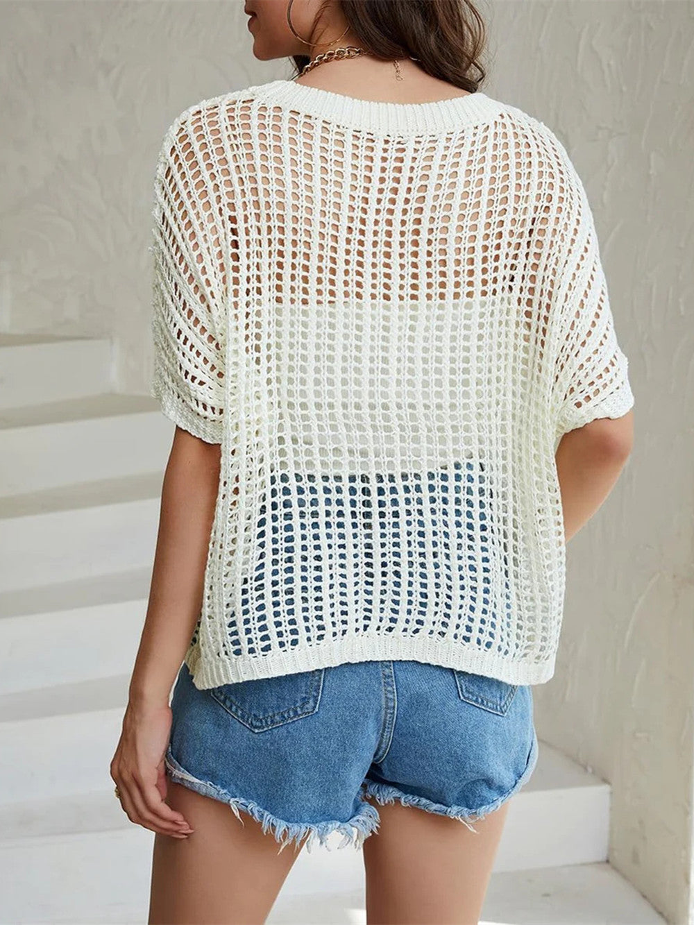 Women's Summer Casual Short Sleeve Hollow Out Crochet Tops