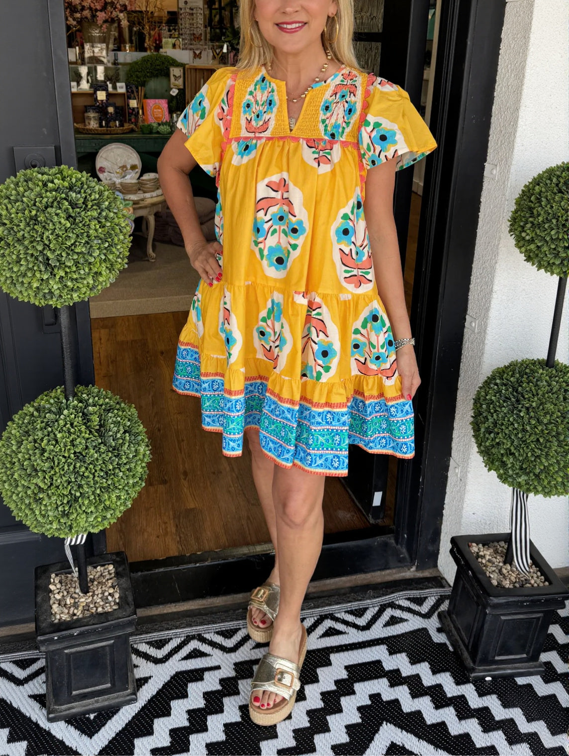 Women's V-neck Puff Sleeve Printed Short Dress