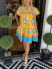 Women's V-neck Puff Sleeve Printed Short Dress