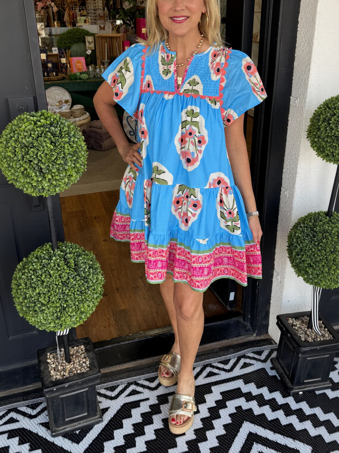 Women's V-neck Puff Sleeve Printed Short Dress