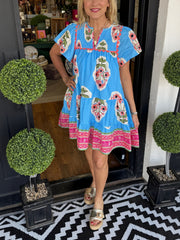 Women's V-neck Puff Sleeve Printed Short Dress