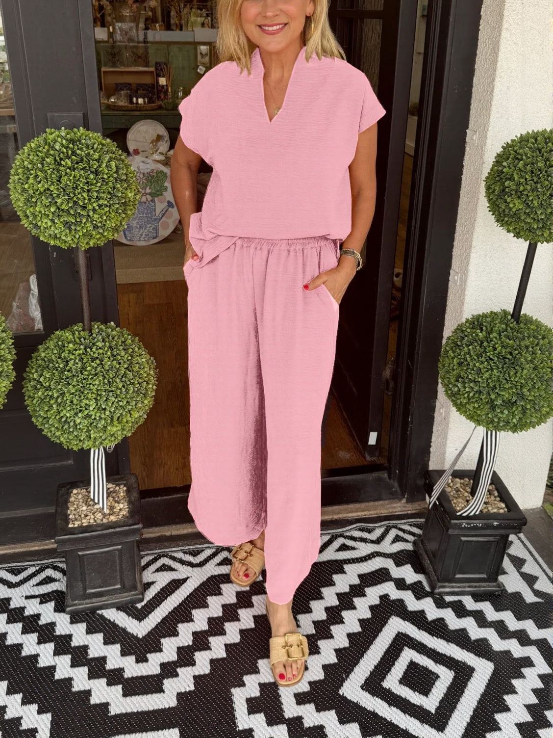 Women's Summer Casual Lightweight V-Neck Two piece Set