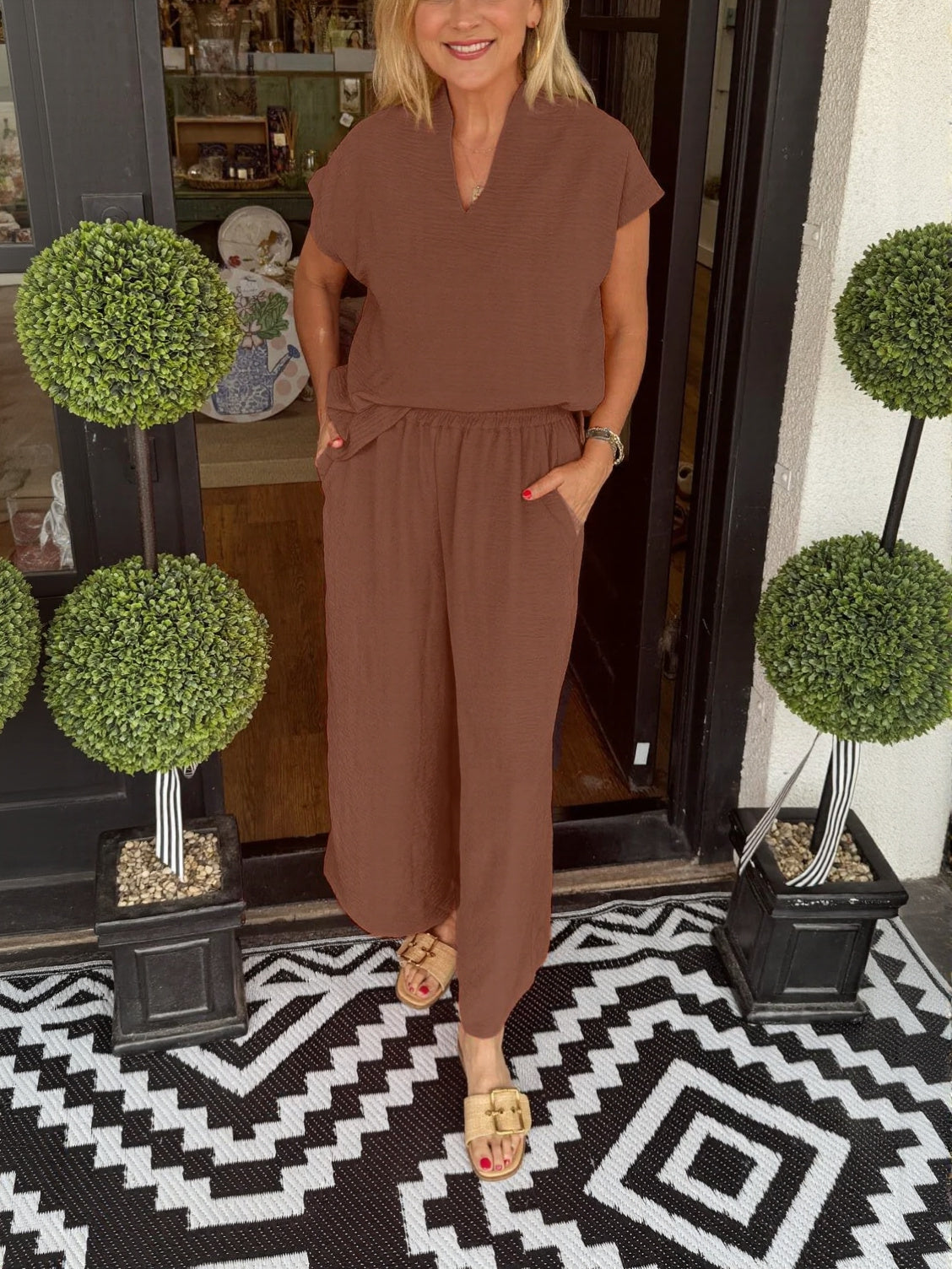 Women's Summer Casual Lightweight V-Neck Two piece Set