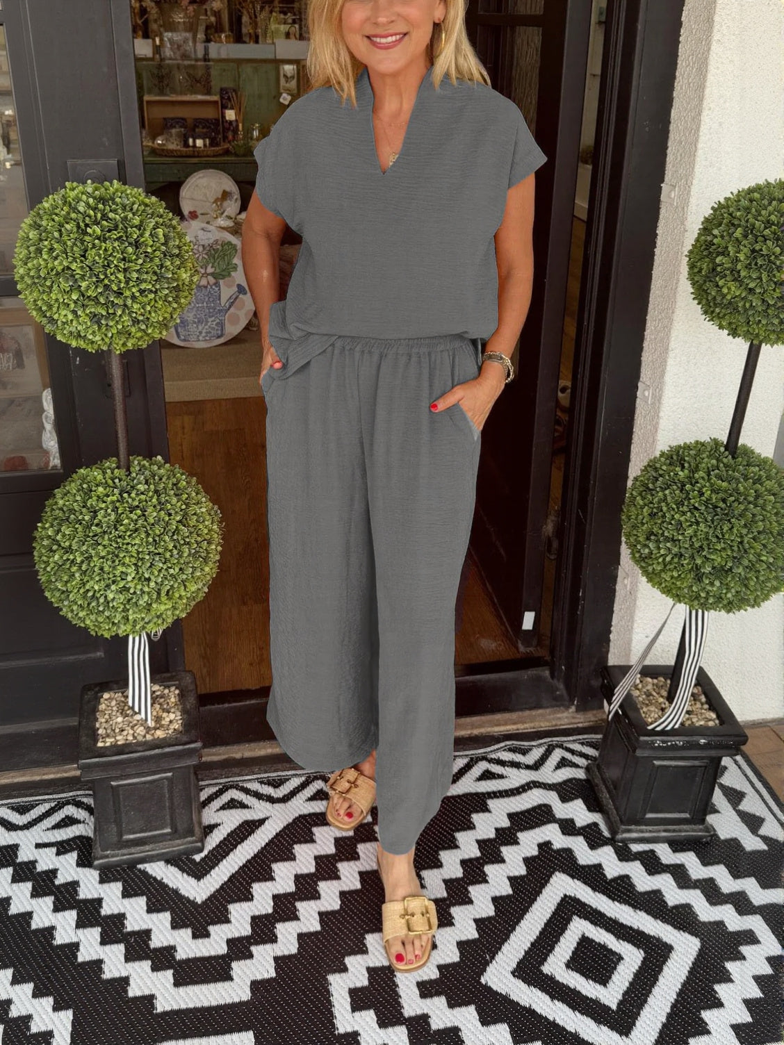 Women's Summer Casual Lightweight V-Neck Two piece Set