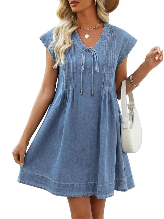 Women's V-neck Pleated Denim Dress with Pockets