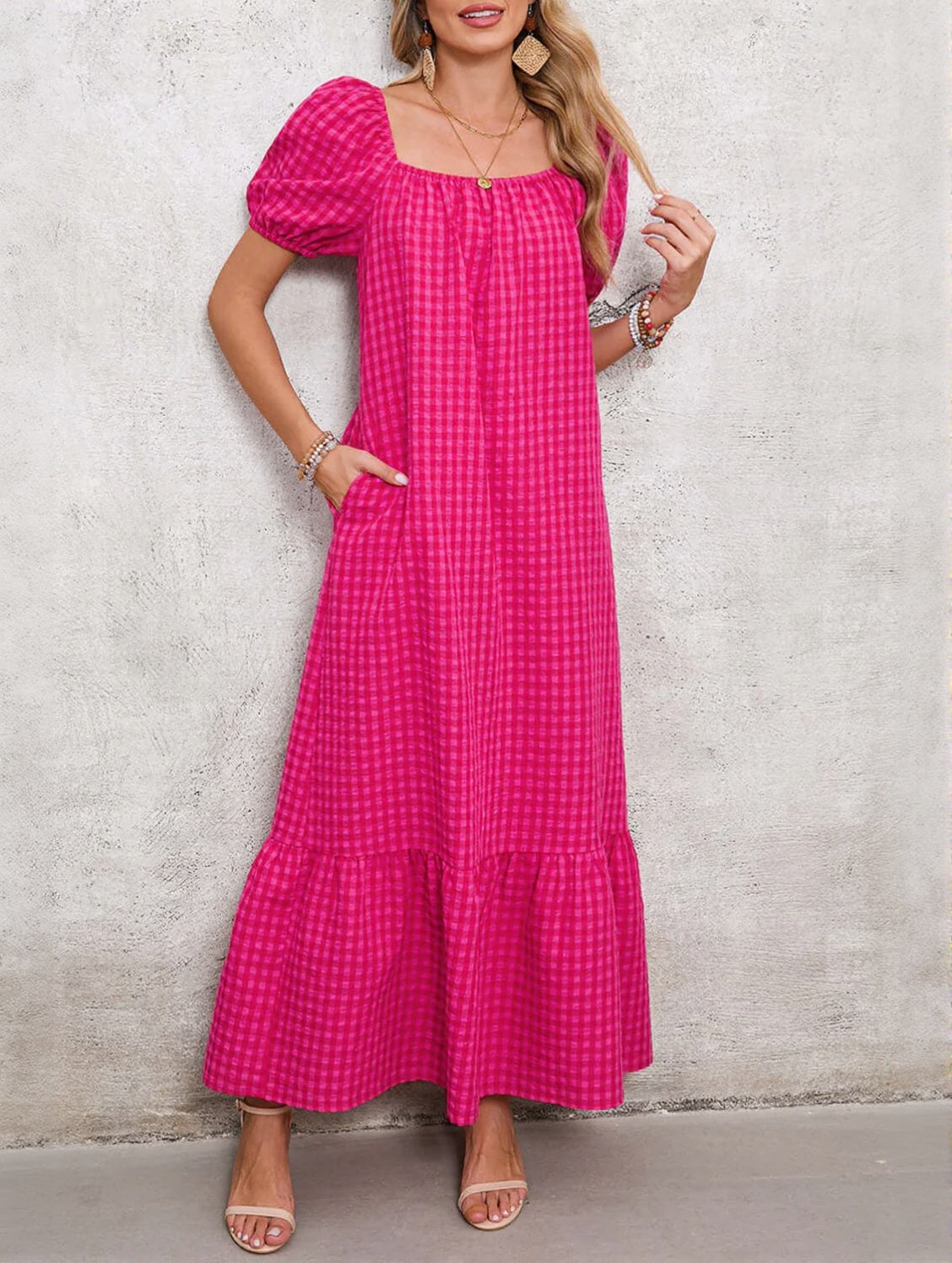 Women's Square Neck Puff Sleeve Plaid Maxi Dress