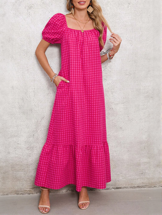 Women's Square Neck Puff Sleeve Plaid Maxi Dress