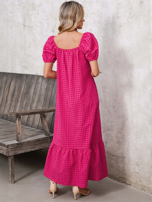 Women's Square Neck Puff Sleeve Plaid Maxi Dress