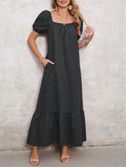 Women's Square Neck Puff Sleeve Plaid Maxi Dress