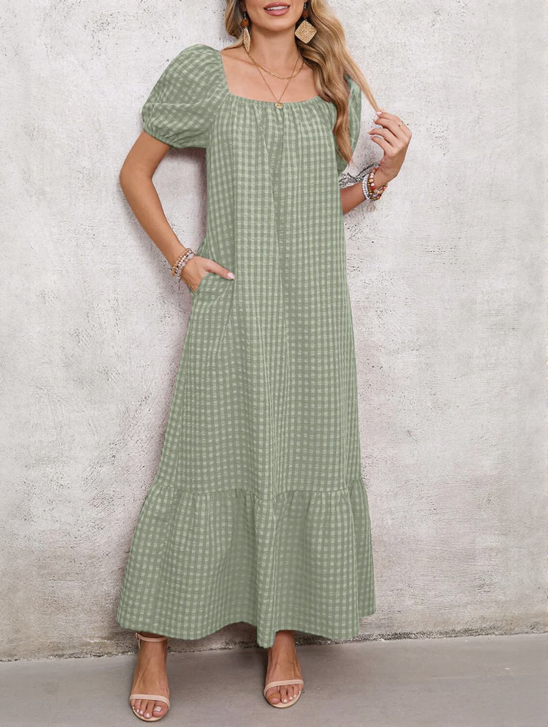 Women's Square Neck Puff Sleeve Plaid Maxi Dress