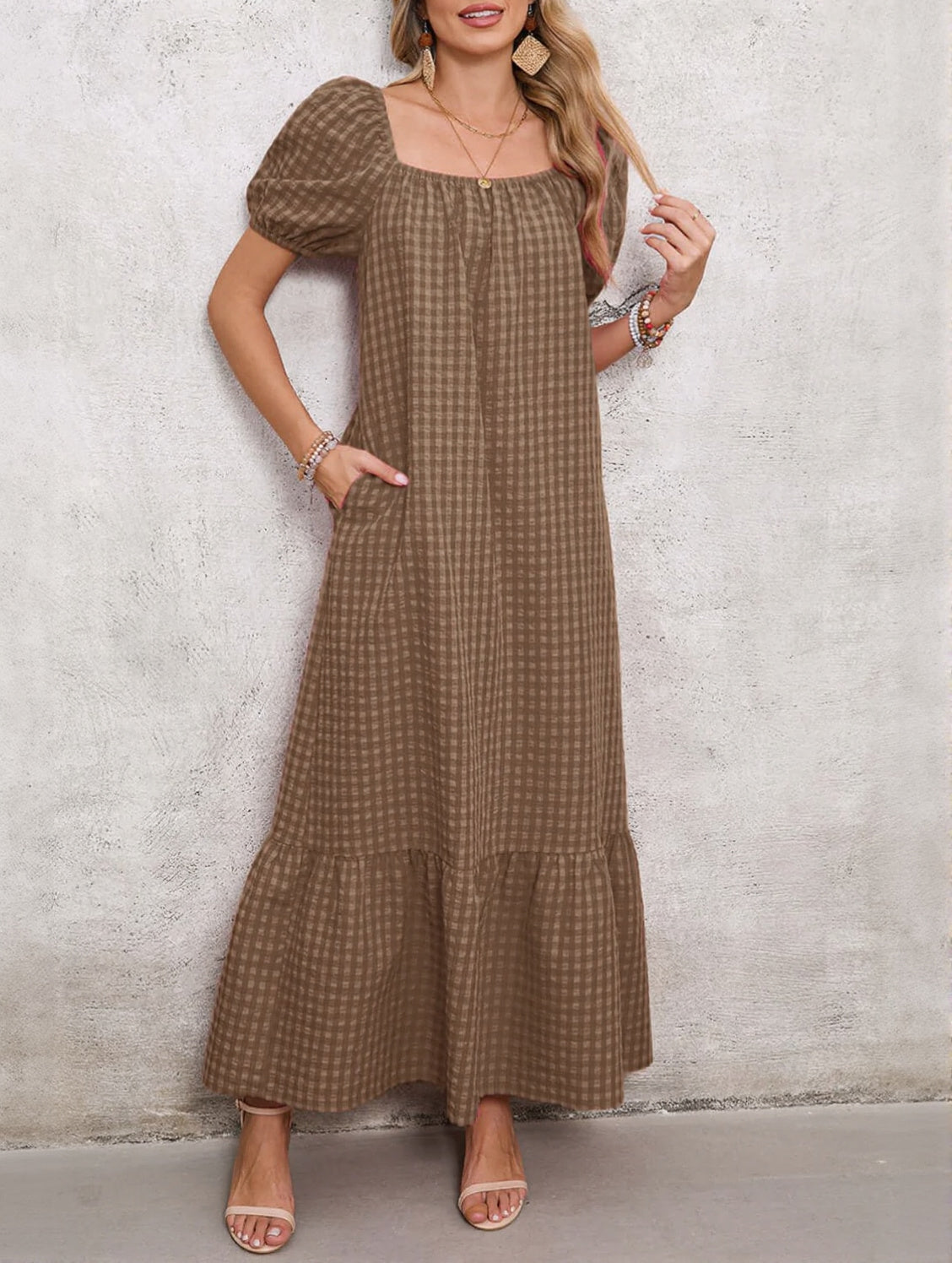 Women's Square Neck Puff Sleeve Plaid Maxi Dress