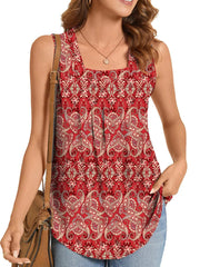 Summer Printed Pleated Sleeveless Tank Top for Women
