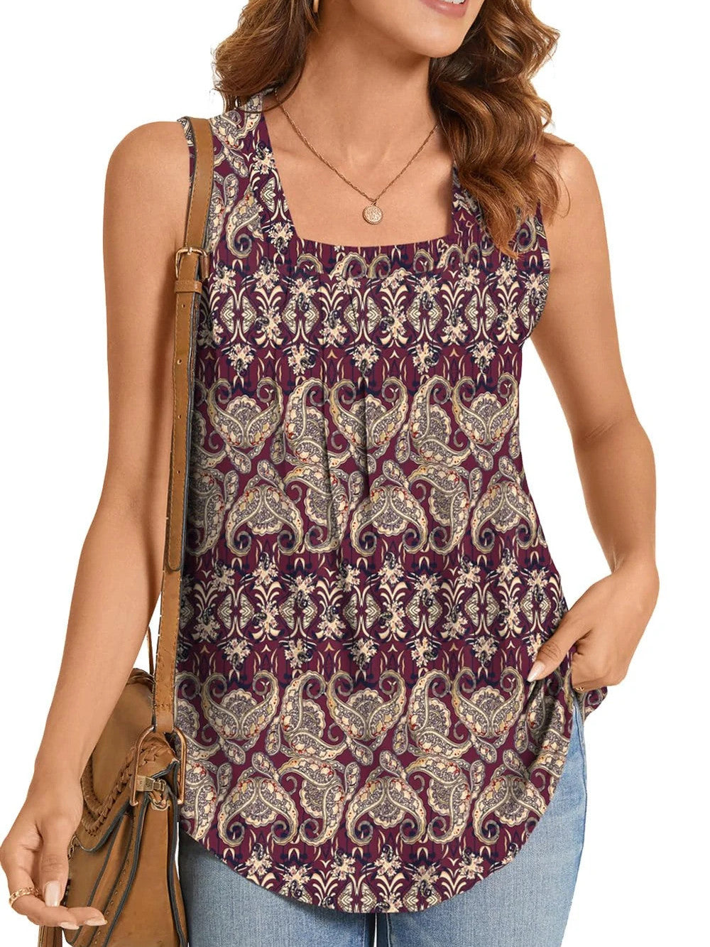 Summer Printed Pleated Sleeveless Tank Top for Women