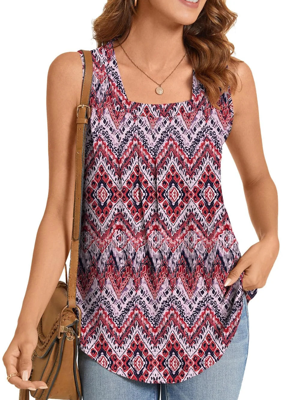 Summer Printed Pleated Sleeveless Tank Top for Women