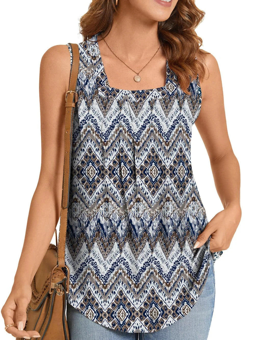 Summer Printed Pleated Sleeveless Tank Top for Women