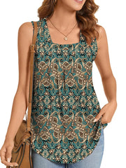 Summer Printed Pleated Sleeveless Tank Top for Women