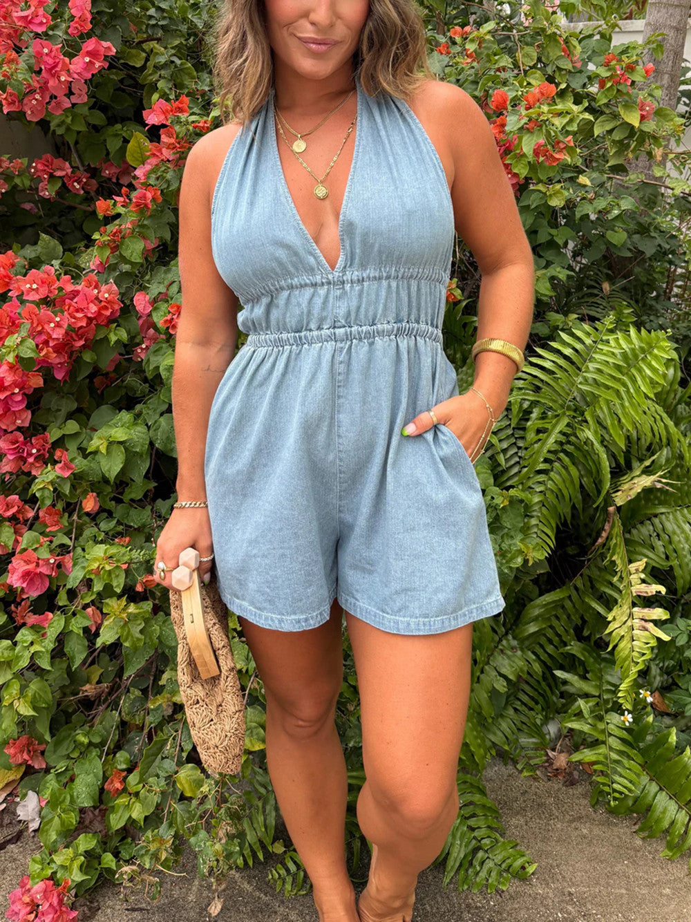 Women's Adjustable Back Tie Halter Denim Romper