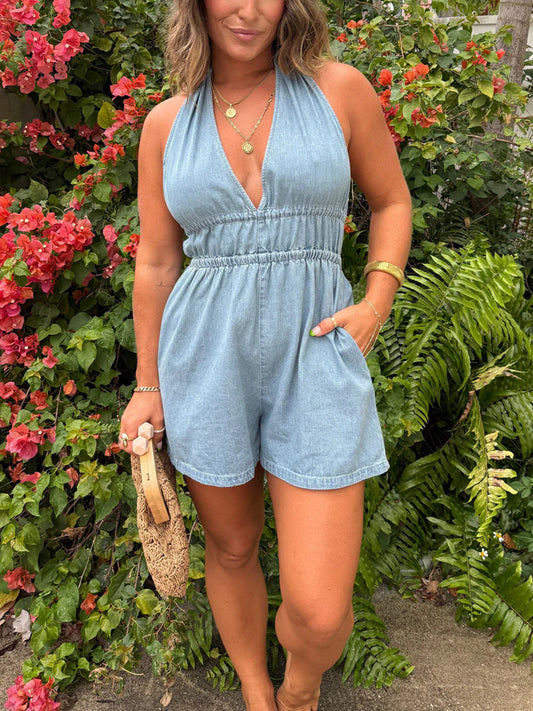 Women's Adjustable Back Tie Halter Denim Romper