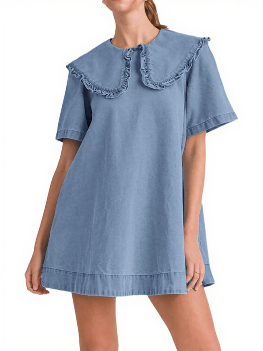 Women's Casual Ruffle Lapel Babydoll Denim Dress