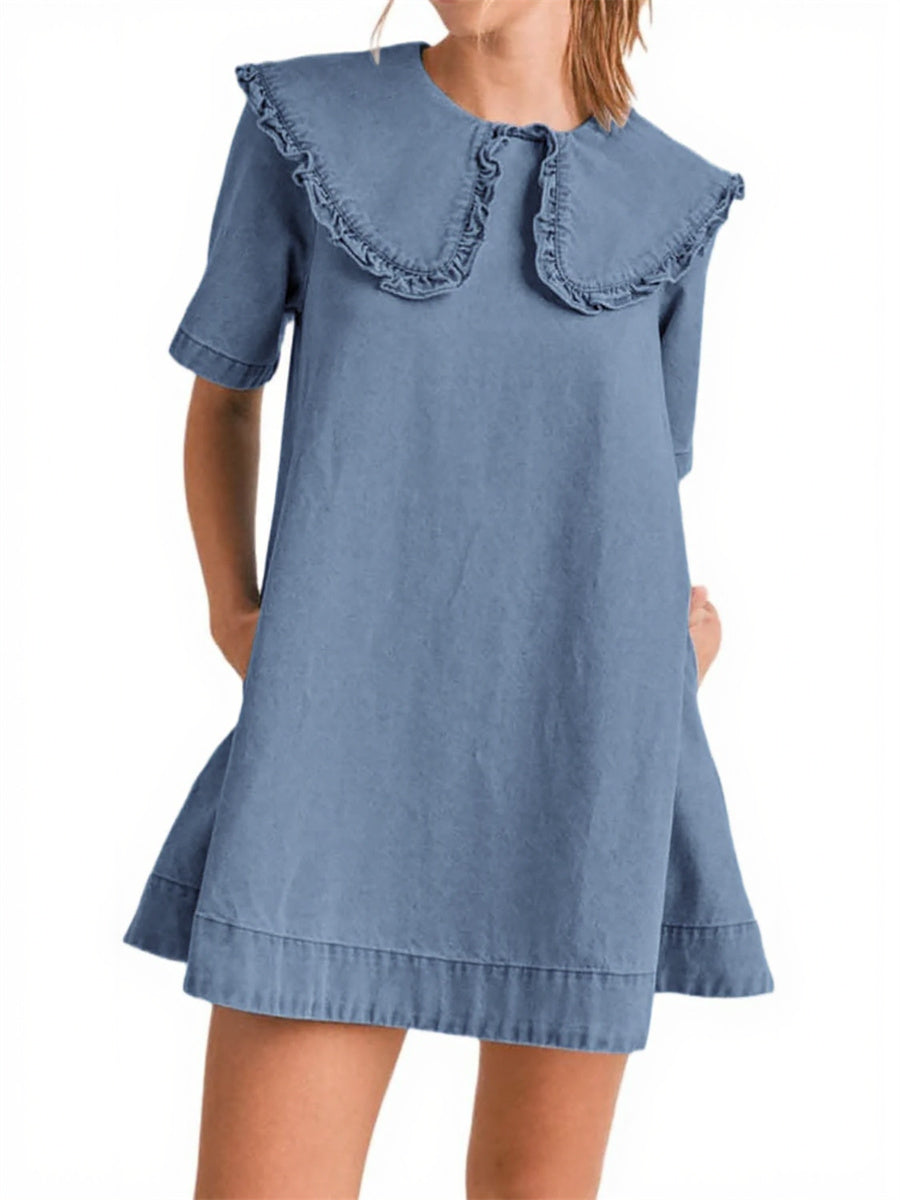 Women's Casual Ruffle Lapel Babydoll Denim Dress