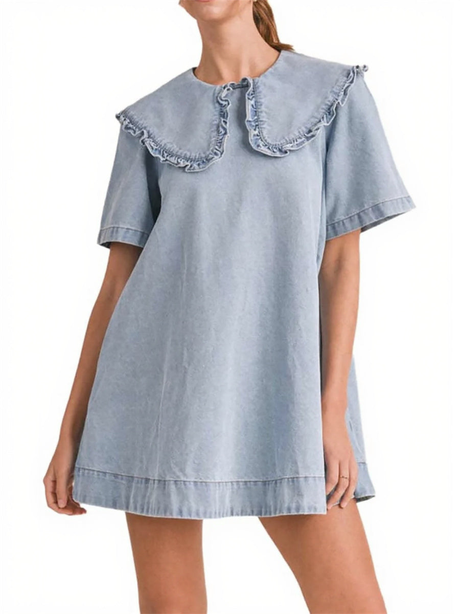 Women's Casual Ruffle Lapel Babydoll Denim Dress