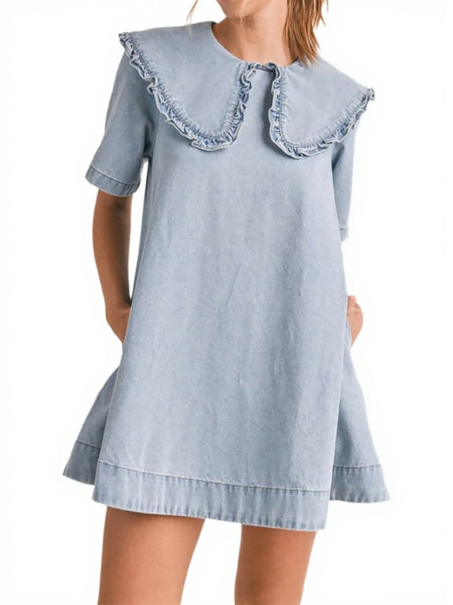 Women's Casual Ruffle Lapel Babydoll Denim Dress
