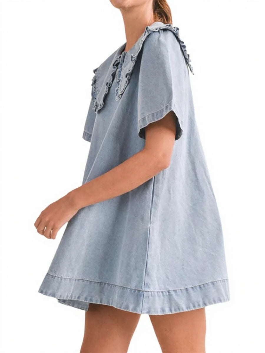 Women's Casual Ruffle Lapel Babydoll Denim Dress
