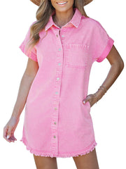 Women's Button Down Raw Edge Denim Shirt Dress