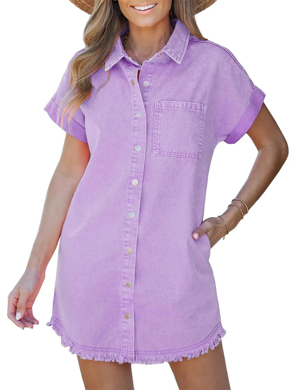 Women's Button Down Raw Edge Denim Shirt Dress