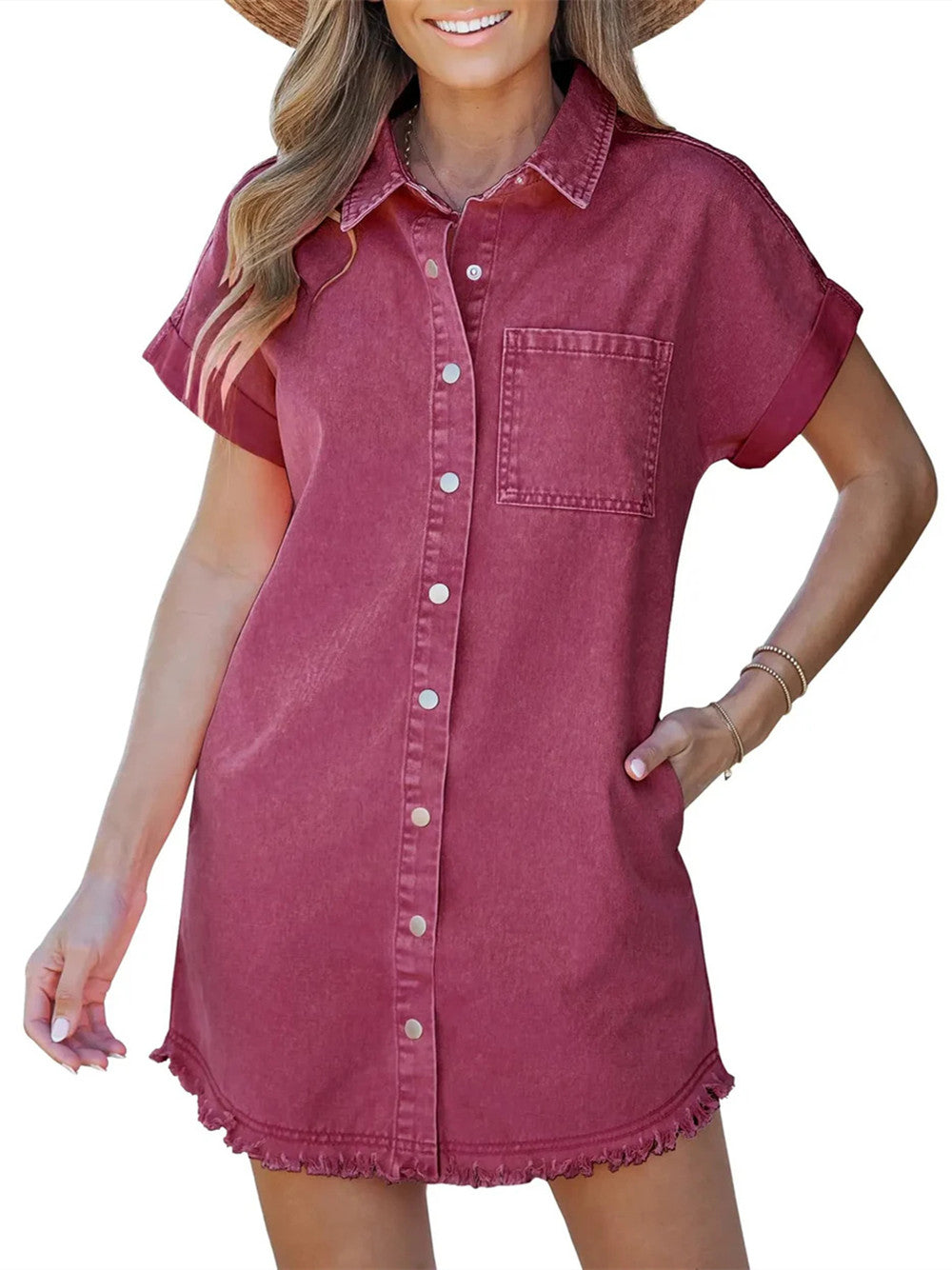 Women's Button Down Raw Edge Denim Shirt Dress