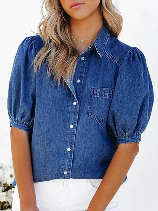 Women's Casual Puff Sleeve Denim Button-Down Shirt