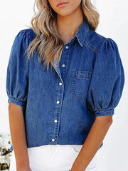 Women's Casual Puff Sleeve Denim Button-Down Shirt