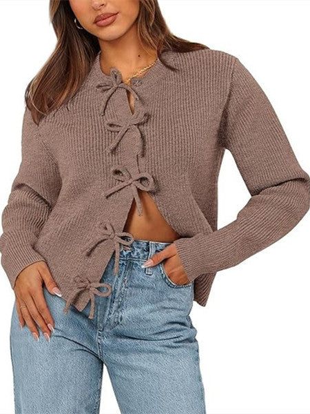Women's Bow Tied Ribbed Knit Cardigan