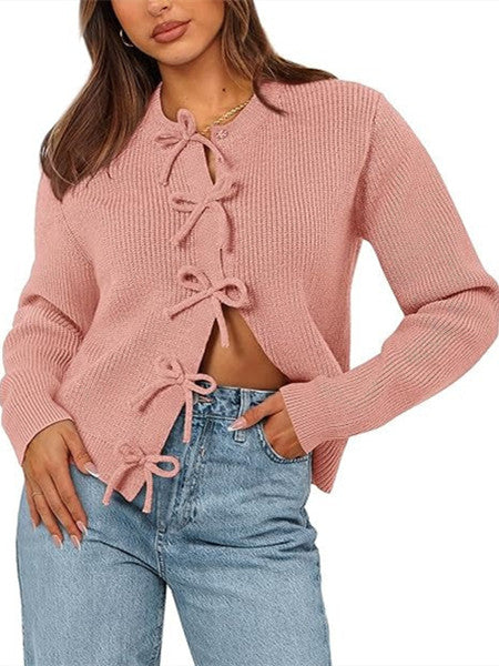 Women's Bow Tied Ribbed Knit Cardigan