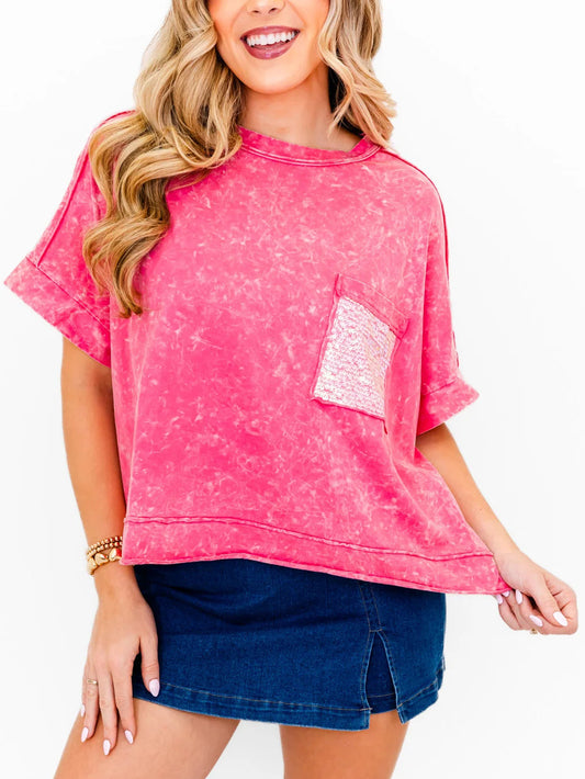 Women's Mineral Wash Sparkle Pocket Boxy T-shirts