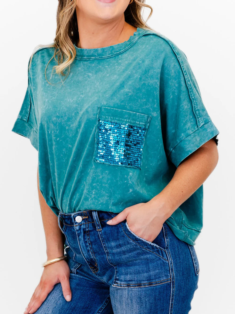 Women's Mineral Wash Sparkle Pocket Boxy T-shirts