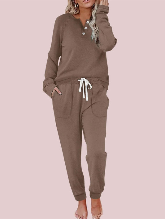 Women's Casual Long Sleeve Button Sports Two-Piece Suit with Pockets