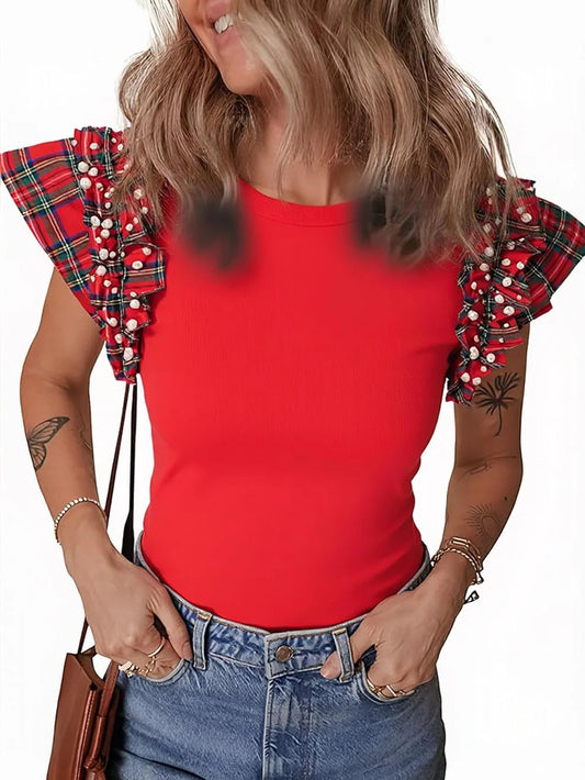 Women's  Plaid Ruffle Short Sleeve Pearl Tops