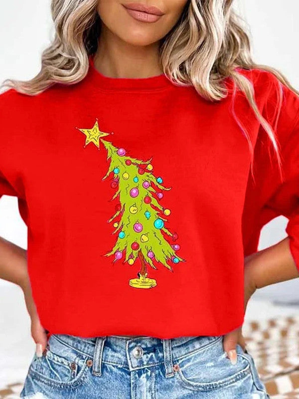 Women's Crew Neck Christmas Tree Print Sweatshirt