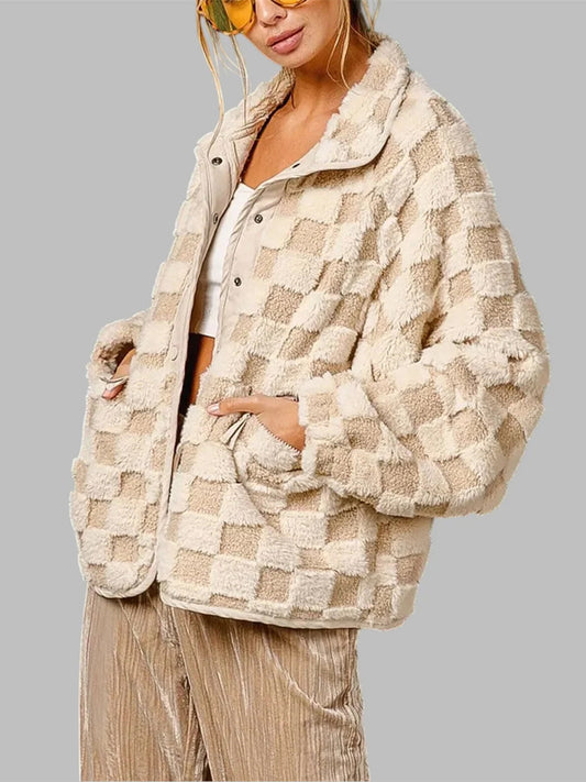 Women's Winter Casual Checkered Fleece Sherpa Jacket