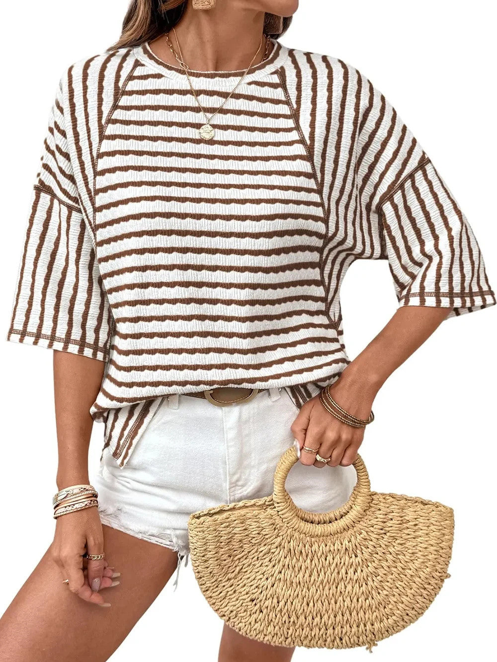 Women Stripe Textured Knit Split Hem Top