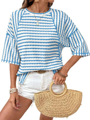 Women Stripe Textured Knit Split Hem Top
