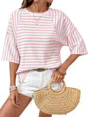 Women Stripe Textured Knit Split Hem Top