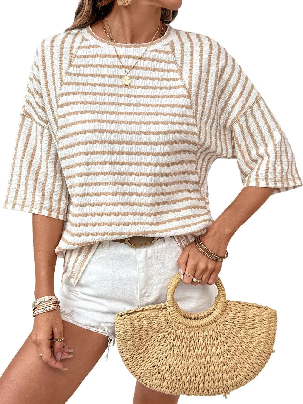 Women Stripe Textured Knit Split Hem Top