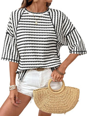 Women Stripe Textured Knit Split Hem Top