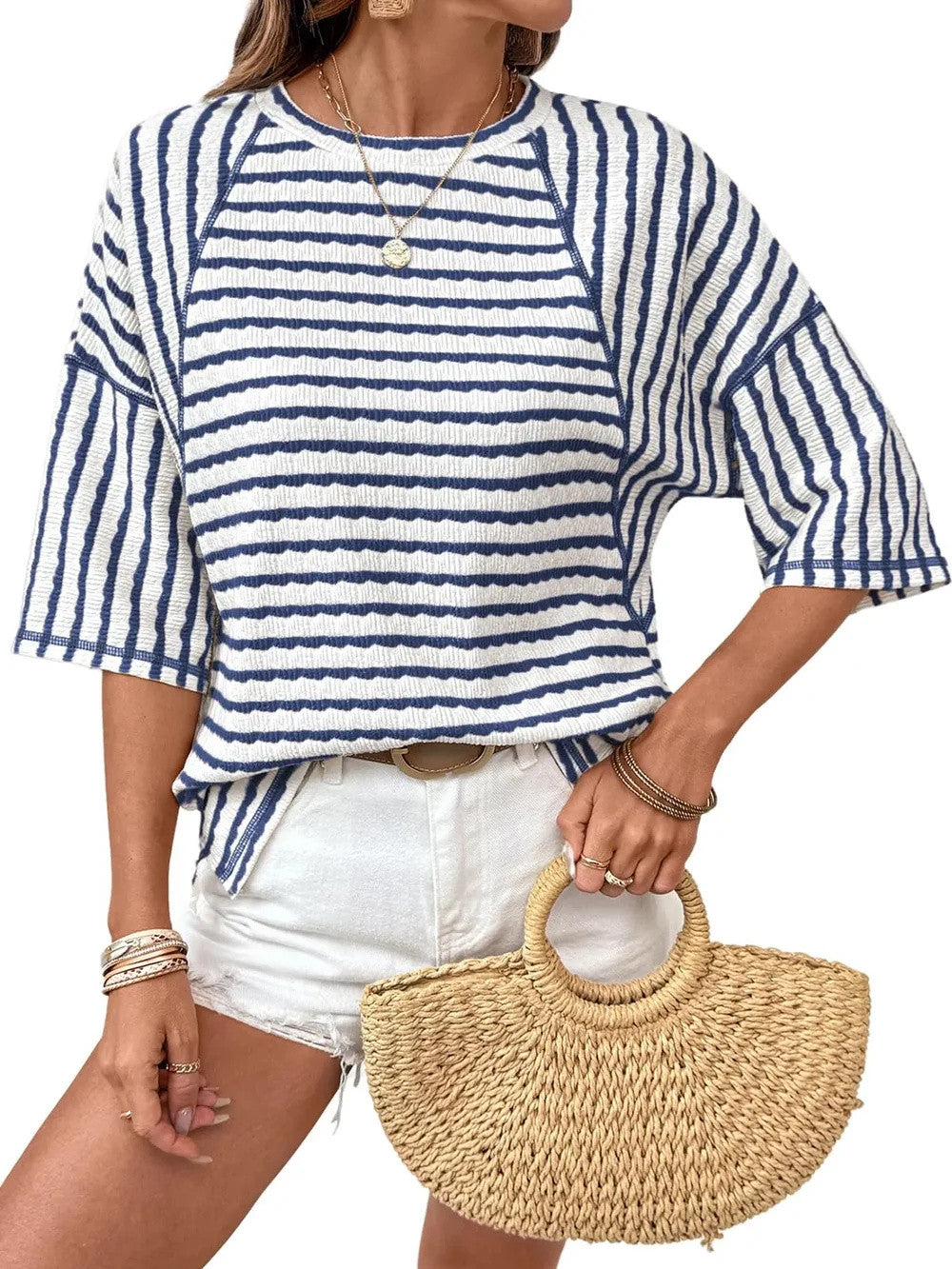 Women Stripe Textured Knit Split Hem Top