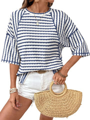 Women Stripe Textured Knit Split Hem Top